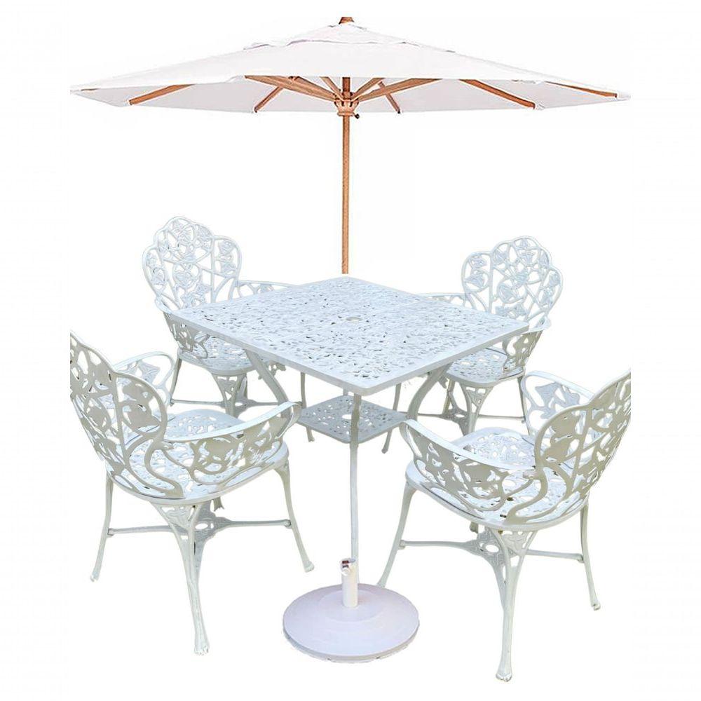 Conjunto De Jardim Com Mesa Quadrada 4 Cadeiras E Guarda Sol Branco