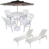 Conjunto Com Mesa Ripada + 4 Cadeiras De Jardim E Piscina + Ombrelone Com Base Preto