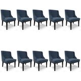 Kit 10 Cadeiras Estofadas Para Sala De Jantar Base Fixa De Madeira Preto Lia Suede Azul Marinho - Ib