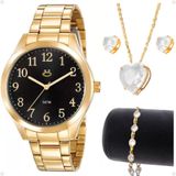 Relogio Feminino Banhado Aço Inox + Brincos + Colar Strass Inoxidável Pulseira Casual Social Moda