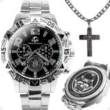 Relogio Masculino Aço Inox Prova Dagua + Cordão Crucifixo Religioso Original Pesado Mostrador Preto