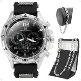 Relogio Masculino Aço Inox + Cordão Prata Grumet + Pulseira Casual Black Piano Qualidade Premium