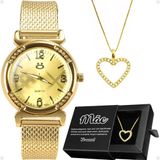 Relogio Feminino Dourado Aço + Colar Mãe Coração + Caixa Social Moda Casual Presente Silicone Strass