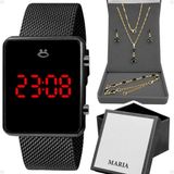 Relogio Feminino Preto Digital + Colar + Brincos + Caixa Casual Quadrado Pulseira Ajustável Presente