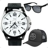 Relogio Masculino Aço Inoxidável + Oculos Uv Proteção + Boné Analogico Presente Ajustavel Ponteiro