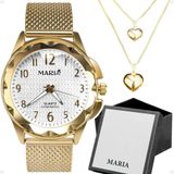 Relogio Feminino Dourado Aço + Caixa + Colar Duplo Coração Original Presente Qualidade Premium Ouro