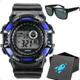 Relogio Digital Infantil Menino Preto + Caixa + Oculos Sol Qualidade Premium Original Data Preto