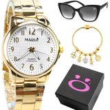Relogio Feminino Dourado Aço + Pulseira + Caixa Casual Redondo Personalizavel Moda Presente Social
