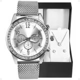 Relogio Feminino Aço Prata Strass + Brincos + Colar + Caixa Presente Delicado Prova Dagua Redondo