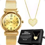 Relogio Feminino Aço Dourado + Colar Coração Amor + Caixa Inoxidável Presente Social Moda Casual