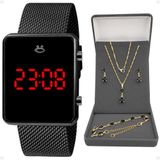 Relogio Preto Digital Feminino + Brincos + Colar Strass Quadrado Casual Pulseira Ajustável Presente