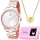 Relogio Feminino Aço Rose + Colar Barbie Coração + Caixa Rose Original Social Edição Limitada Moda