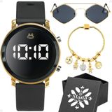 Relogio Feminino Digital Oculos Sol Protecao Uv Caixa Casual Original Silicone Preto Moda Losango