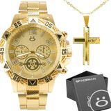 Relogio Masculino Dourado Aço Inoxidavel + Caixa + Cordão Presente Pulseira Ajustavel Analogico