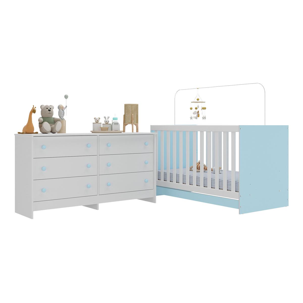 Berço 3 Em 1 Para Colchão 130 X 60cm Com Cômoda Doce De Leite Multimóveis Mp4297 Branco/azul