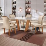 Conjunto Sala de Jantar Mesa Tampo Dakota Plus Vidro 120x80cm com 4 Cadeiras Luisa Yescasa Cinamomo/Off White/Suede Pena