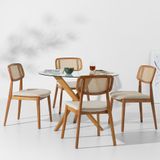 Conjunto Mesa De Jantar Thai Redonda 1,10m Vidro Incolor Com 4 Cadeira Lótus Encosto Palha Larga Linne Cru