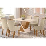 Sala De Jantar Tampo Com Vidro 160x90cm E 6 Cadeiras Malu Nature Veludo Light Linho
