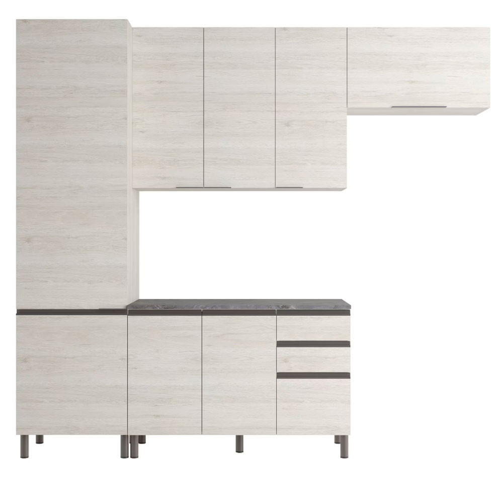 Cozinha Compacta Bartira Cristal Com 8 Portas, 3 Gavetas E 9 Prateleiras - 260cm De Largura - Freixo