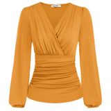 Blusa Feminina Grace Karin Com Decote Em V, Manga Comprida, Mostarda