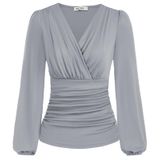 Blusa Feminina Grace Karin, Sobrepeliz, Decote Em V, Franzido, Cinza Claro