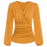 Camiseta Feminina Grace Karin, Elegante, Gola Em V, Franzida, Amarela