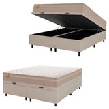 Cama Box Baú Casal Queen Colchão Molas Qatar 158x198x63cm Bege/branco Inducol - Suporta Até 200 Kg Pessoa