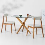 Conjunto Mesa De Jantar Thai Redonda Vidro Incolor - 1,10m + 2 Cadeiras Nord Encosto Estofado - Off White