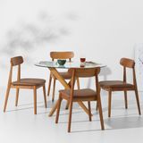 Conjunto Mesa De Jantar Thai Redonda Vidro Incolor - 1,10m + 4 Cadeiras Nord Encosto Madeira Pu - Cognac