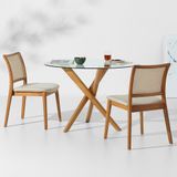 Conjunto Mesa De Jantar Thai Redonda Vidro Incolor - 1,10m + 2 Cadeiras Amai Encosto Palha Larga - Areia