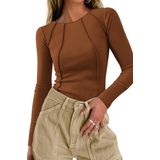 Top Curto Feminino Kirundo 2024, Tricotado Canelado, Marrom, Tamanho P