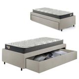 Cama Box Viúva Com Gaveta 88x188cm Revestida Em Courino Linho Areia Com Colchão Adapto Ecoflex
