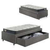 Cama Box Viúva Com Gaveta 88x188cm Revestida Em Courino Linho Cinza Com Colchão Adapto Ecoflex