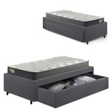 Cama Box Viúva Com Gaveta 88x188cm Revestida Em Suede Cinza Com Colchão Adapto Ecoflex
