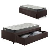 Cama Box Viúva Com Gaveta 88x188cm Revestida Em Courino Linho Marrom Com Colchão Adapto Ecoflex