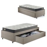Cama Box Viúva Com Gaveta 88x188cm Revestida Em Linho Bege Com Colchão Adapto Ecoflex