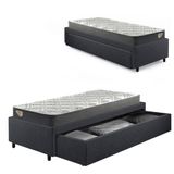 Cama Box Viúva Com Gaveta 88x188cm Revestida Em Linho Cinza Com Colchão Adapto Ecoflex