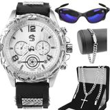 Relogio Aço Inox + Pulseira + Cordão + Oculos Sol Casual Silicone Qualidade Premium Presente Social