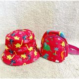 Kit Chapéu Boné Bucket Mais Mochila Dupla Face Feminino Moda Praia Infantil Vermelho Estampado
