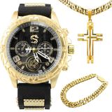 Relogio Masculino Banhado Aço Inox + Cordão Cruz + Pulseira Social Casual Preto Dourado Original