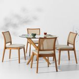 Conjunto Mesa De Jantar Thai Redonda Vidro Incolor - 1,10m + 4 Cadeiras Amai Encosto Palha Larga - Areia