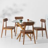 Conjunto Mesa De Jantar Thai Redonda  Vidro Incolor - 1,10m + 4 Cadeira Nord Encosto Estofado Pu - Cognac
