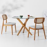 Conjunto Mesa De Jantar Thai Redonda Vidro Incolor - 1,10m + 2 Cadeiras Lótus Encosto Palha Larga Linne - Cinza