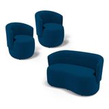 Kit 2 Poltronas E 1 Namoradeira Aisha Orgânica Bouclê Azul Marinho - Desk Design