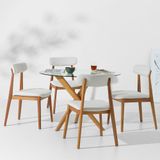 Conjunto Mesa De Jantar Thai Redonda Vidro Incolor - 1,10m + 4 Cadeira Nord Encosto Estofado Texture - Off White