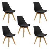 Kit 5 Cadeiras Charles Eames Leda Luisa Saarinen Design Wood Estofada Base Madeira - Preto