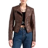 Jaqueta Feminina De Couro Sintético Woameyr Motociclista Coffee