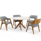 Mesa De Jantar Redonda Cora 120cm Off White M04 Com 04 Cadeiras Living Suran Bouclê Cinza - Lyam