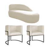 Kit Divã Luna 140cm Lado Direito E 02 Poltronas Base De Ferro Preto Linho Bege