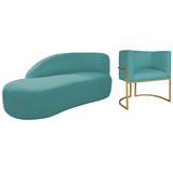 Kit Divã Luna 160cm Lado Esquerdo E 01 Poltrona Base De Ferro Dourado Suede Azul Turquesa